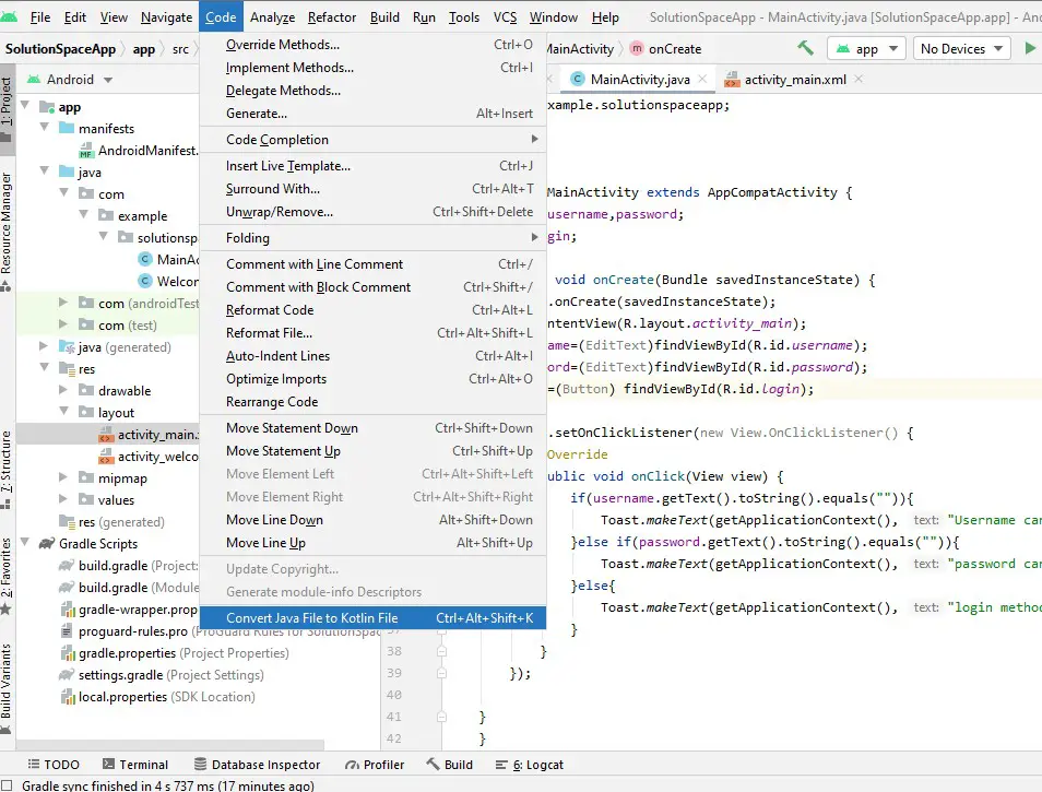 How to convert java files to kotlin files in android studio